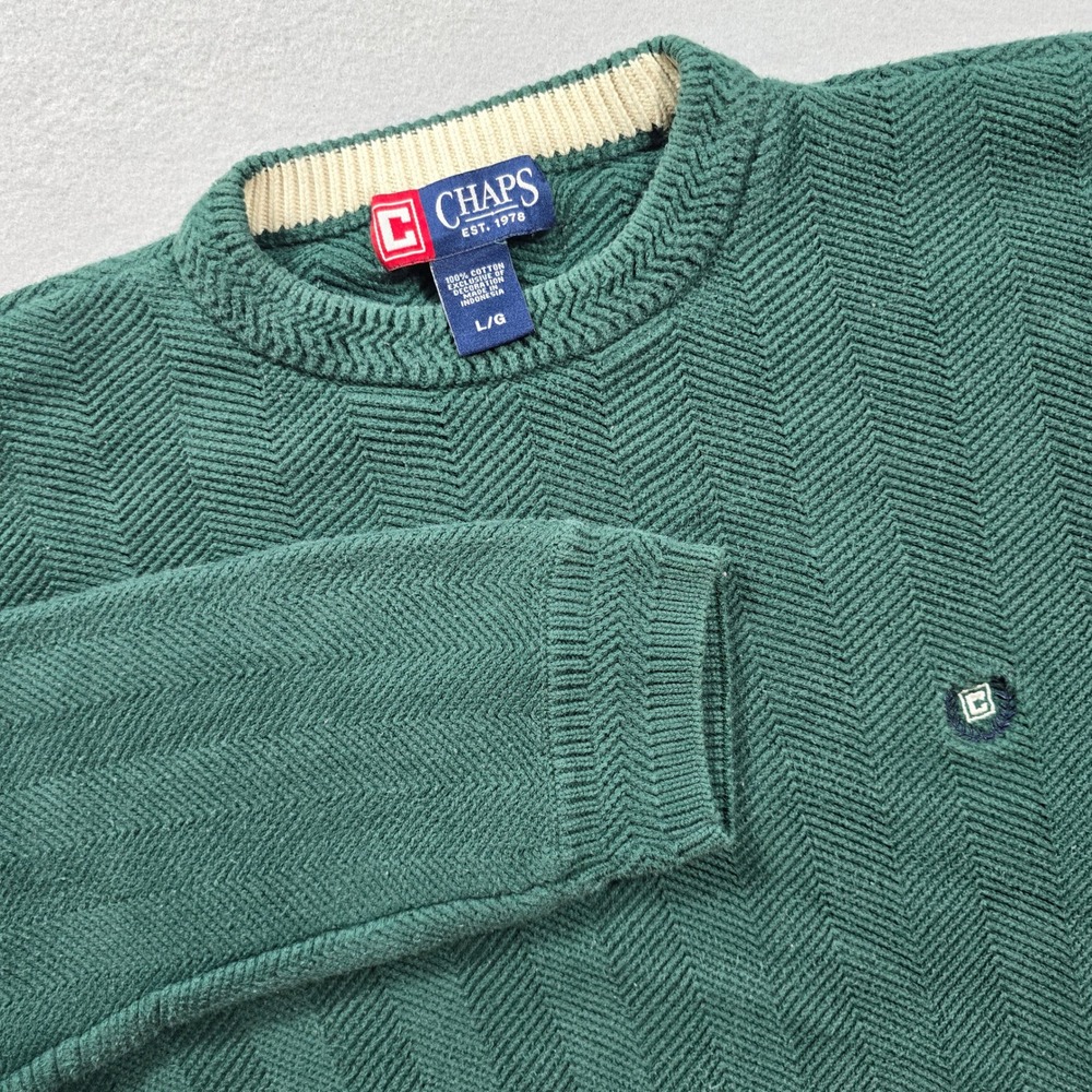Chaps Mens Large Green Sweater Crewneck Herringbone Cotton Textured Logo